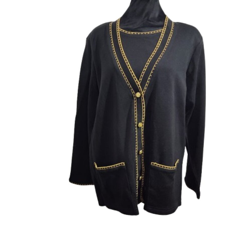 Cathy Daniels Long Sleeve Black W/Gold Trim Medium Blouse with Shoulder Pads NWT - Picture 6 of 10